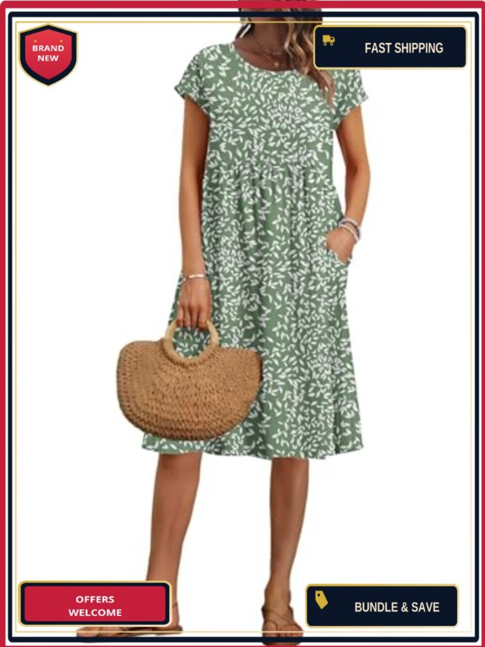 Women's Loose Knee-Length A-Line Dress with Pockets Empire Waist Short Sleeve